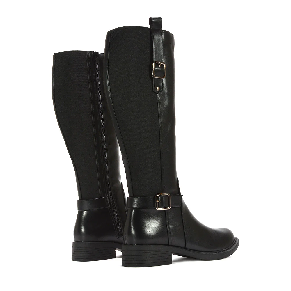 Abby Stretchy Calf Leg Flat Low Block Heel Knee High Riding Boots in Black Synthetic Leather - Image 4