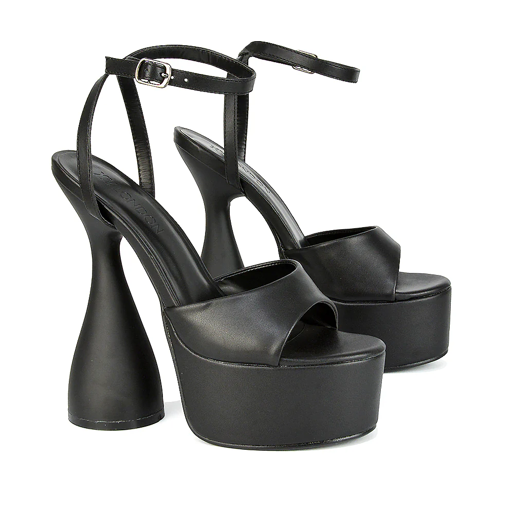 Acacia Strappy Peep Toe Cylinder Block Platform High Heel in Black Synthetic Leather - Image 10
