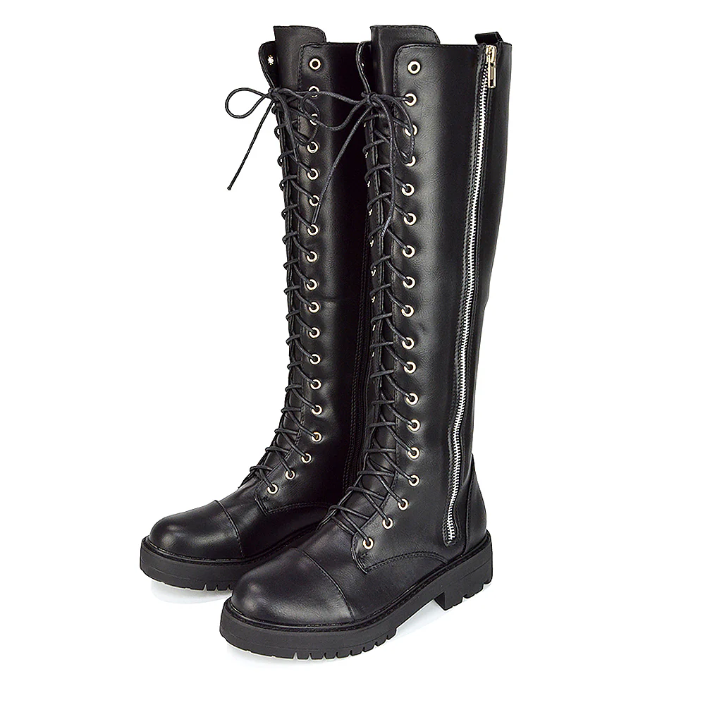 Ada Lace Up Knee High Boots Vegan Friendly With Deco Zip In Black Faux Suede - Image 25