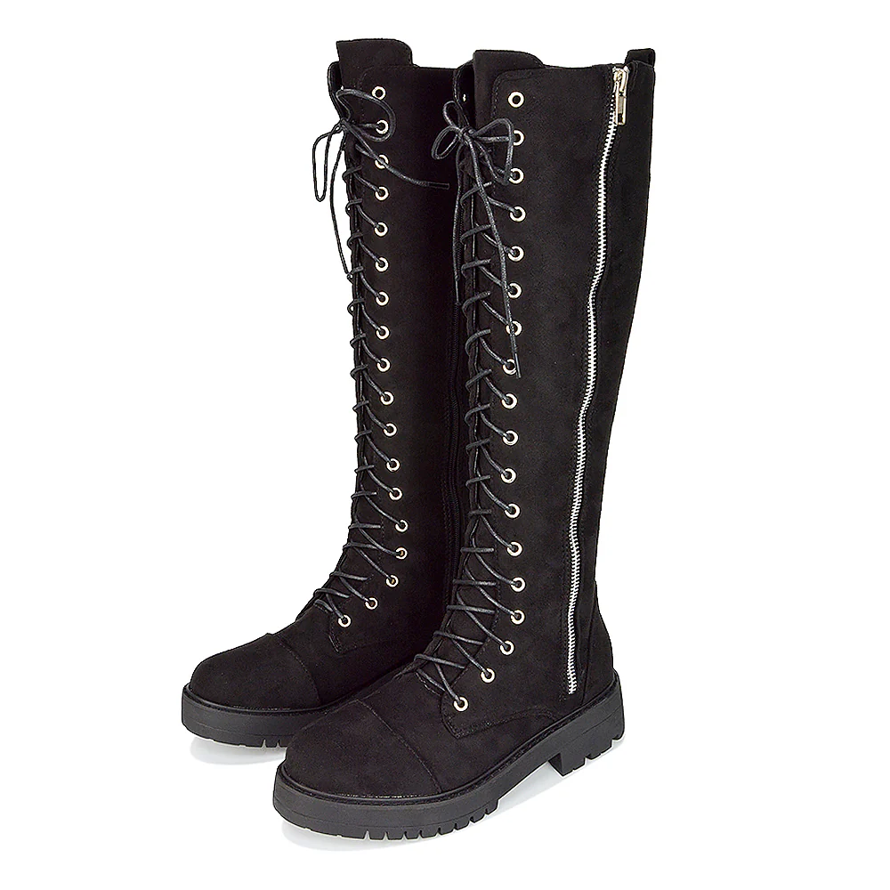 Ada Lace Up Knee High Boots Vegan Friendly With Deco Zip In Black Faux Suede - Image 5