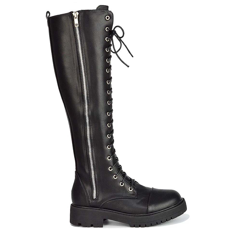 Ada Lace Up Knee High Boots Vegan Friendly With Deco Zip In Black Synthetic Leather - Image 19