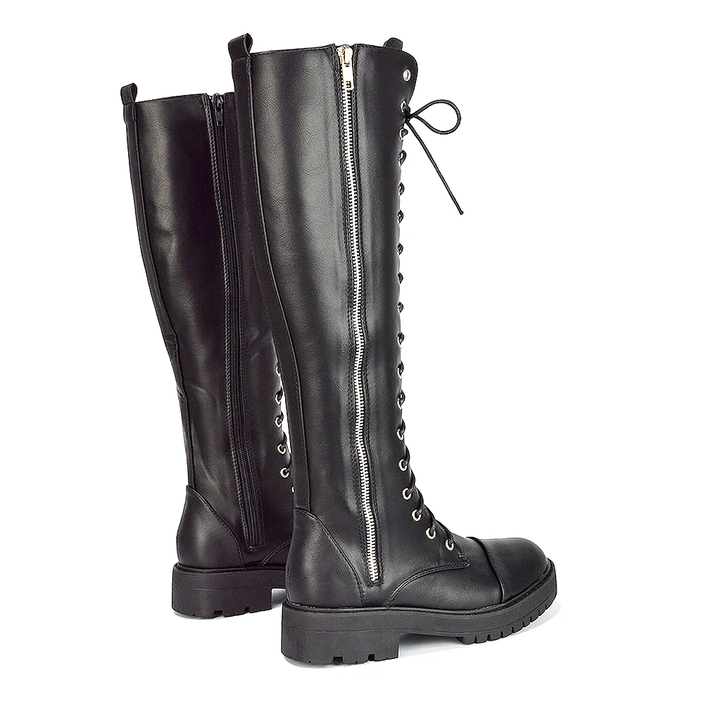Ada Lace Up Knee High Boots Vegan Friendly With Deco Zip In Black Synthetic Leather - Image 33