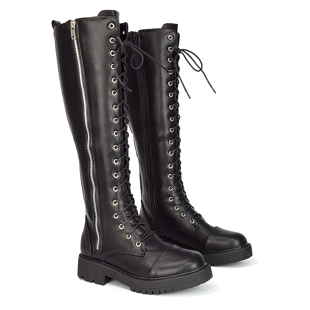 Ada Lace Up Knee High Boots Vegan Friendly With Deco Zip In Black Synthetic Leather - Image 4