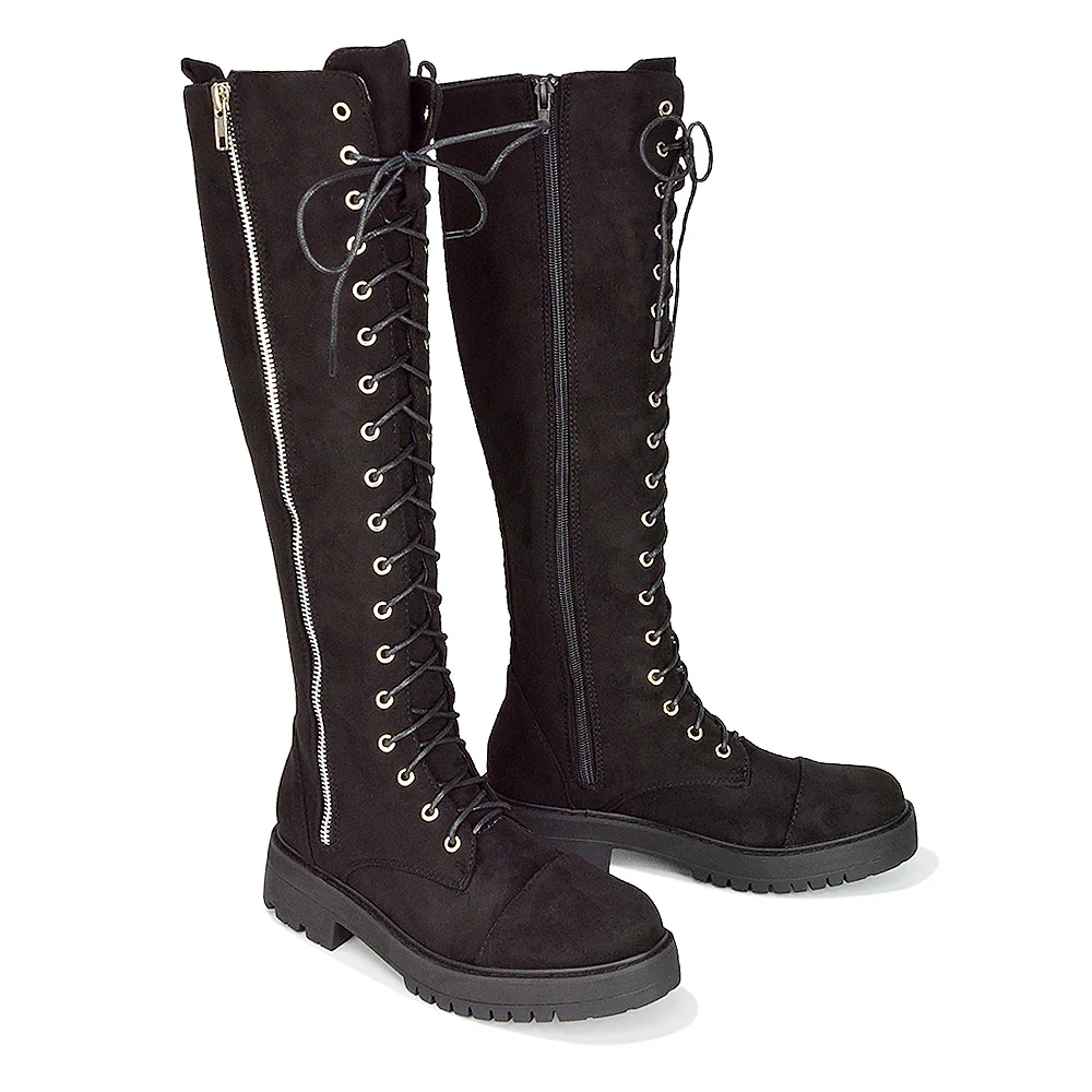 Ada Lace Up Knee High Boots Vegan Friendly With Deco Zip In Black Synthetic Leather - Image 47