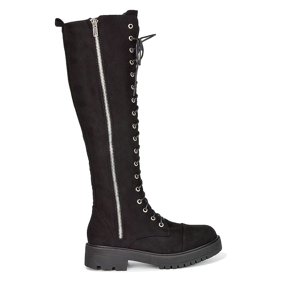 Ada Lace Up Knee High Boots Vegan Friendly With Deco Zip In Black Synthetic Leather - Image 49