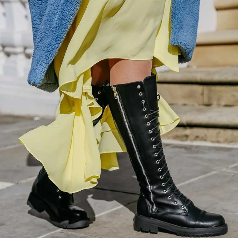 Ada Lace Up Knee High Boots Vegan Friendly With Deco Zip In Black Synthetic Leather - Image 6