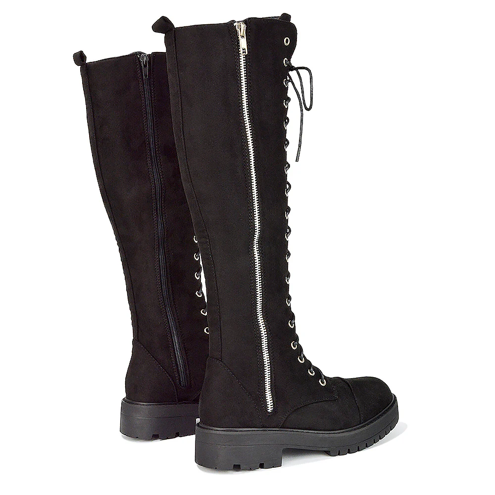 Ada Lace Up Knee High Boots Vegan Friendly With Deco Zip In Black Synthetic Leather - Image 63