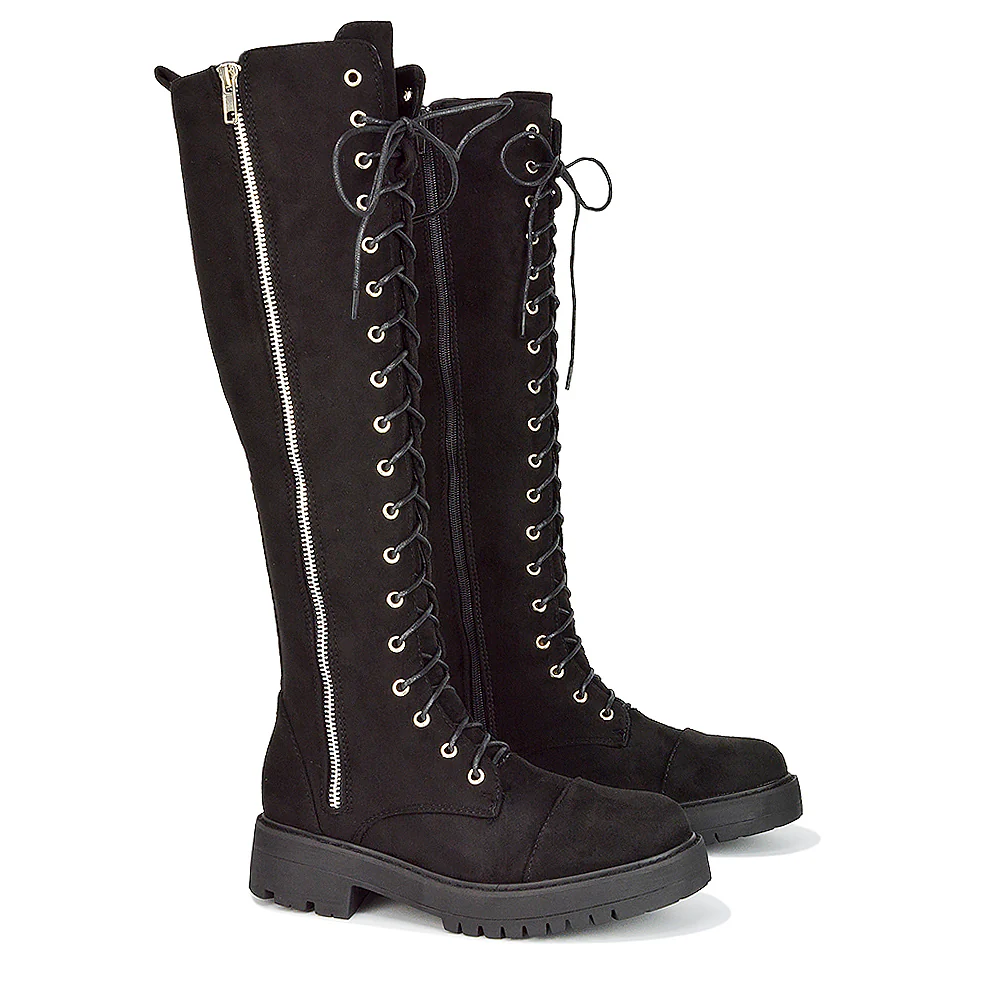 Ada Lace Up Knee High Boots Vegan Friendly With Deco Zip In Black Synthetic Leather - Image 65