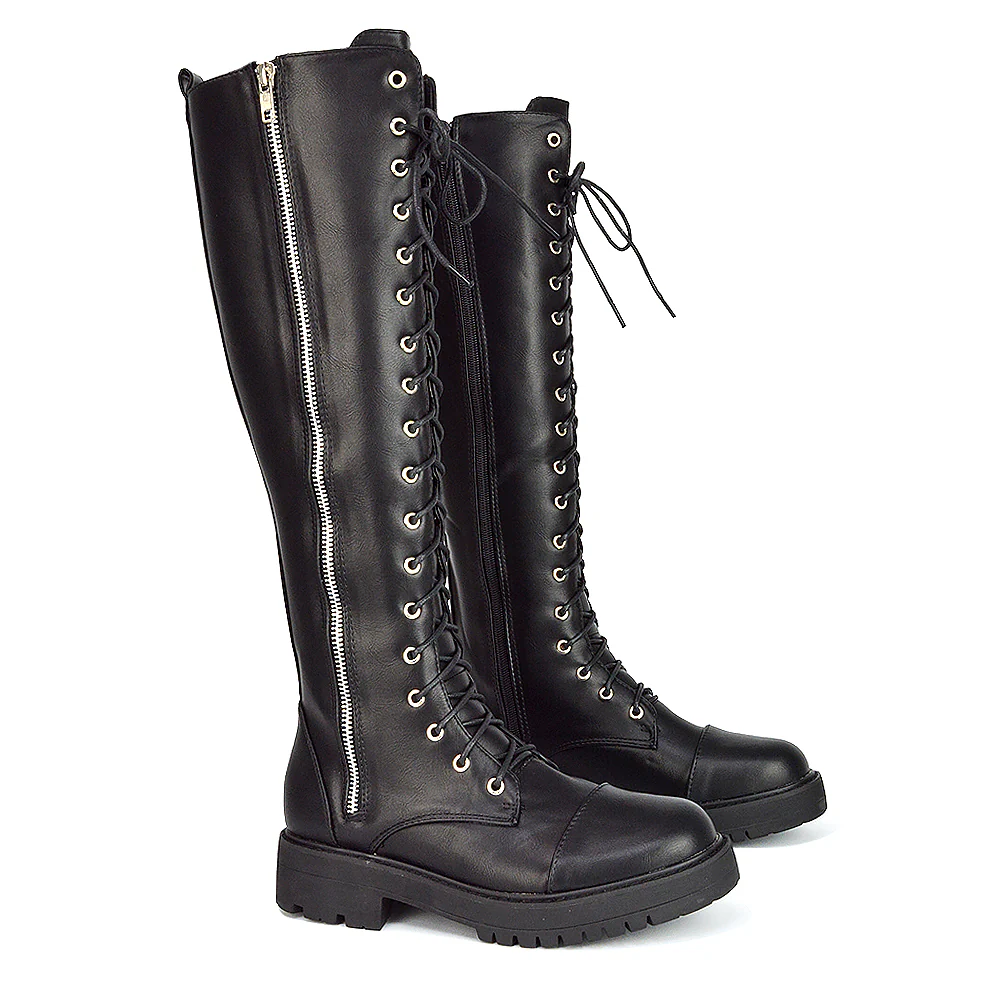 Ada Lace Up Knee High Boots Vegan Friendly With Deco Zip In Black Synthetic Leather - Image 7