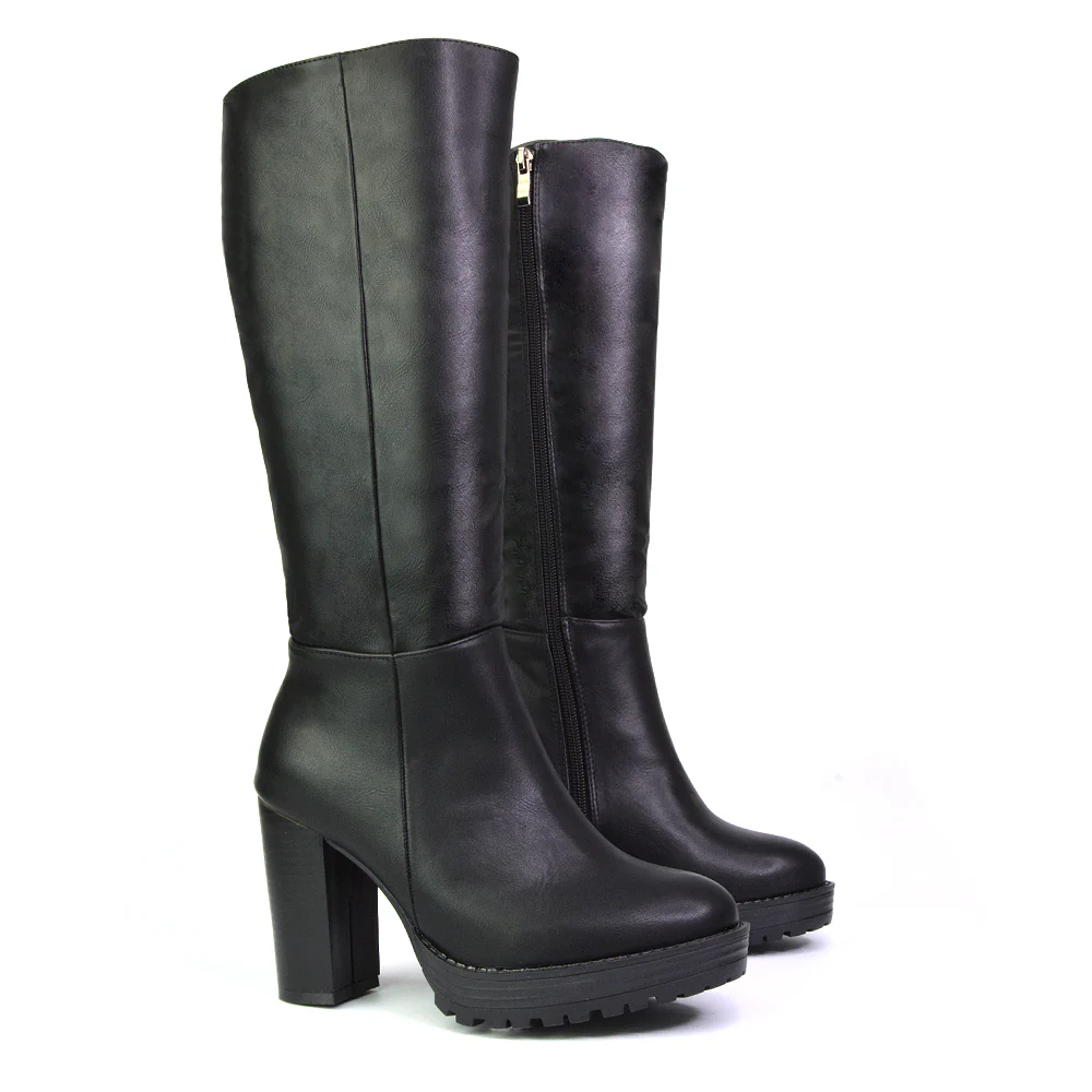 Addie Chunky Super High Block Heeled Platform Knee High Boots In Black Faux Suede - Image 14