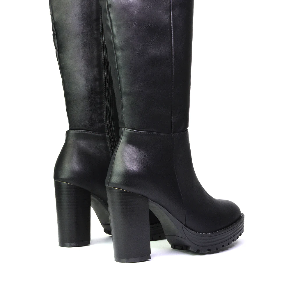 Addie Chunky Super High Block Heeled Platform Knee High Boots In Black Faux Suede - Image 35