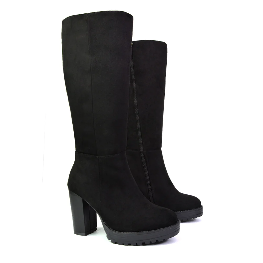 Addie Chunky Super High Block Heeled Platform Knee High Boots In Black Faux Suede - Image 49