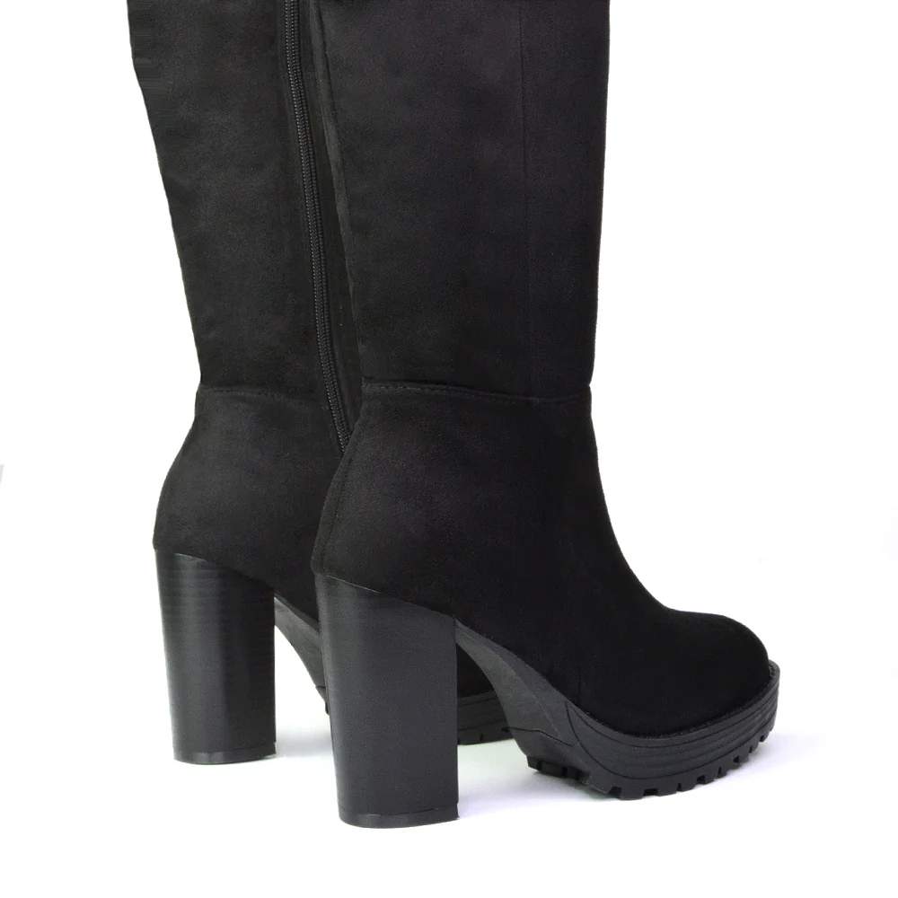 Addie Chunky Super High Block Heeled Platform Knee High Boots In Black Faux Suede - Image 5