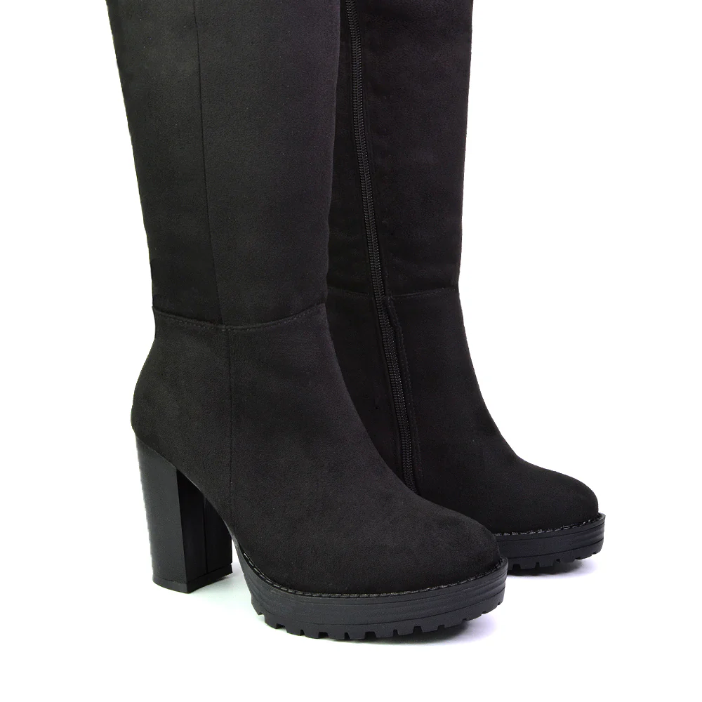 Addie Chunky Super High Block Heeled Platform Knee High Boots In Black Faux Suede - Image 52
