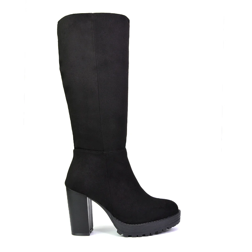 Addie Chunky Super High Block Heeled Platform Knee High Boots In Black Faux Suede - Image 53