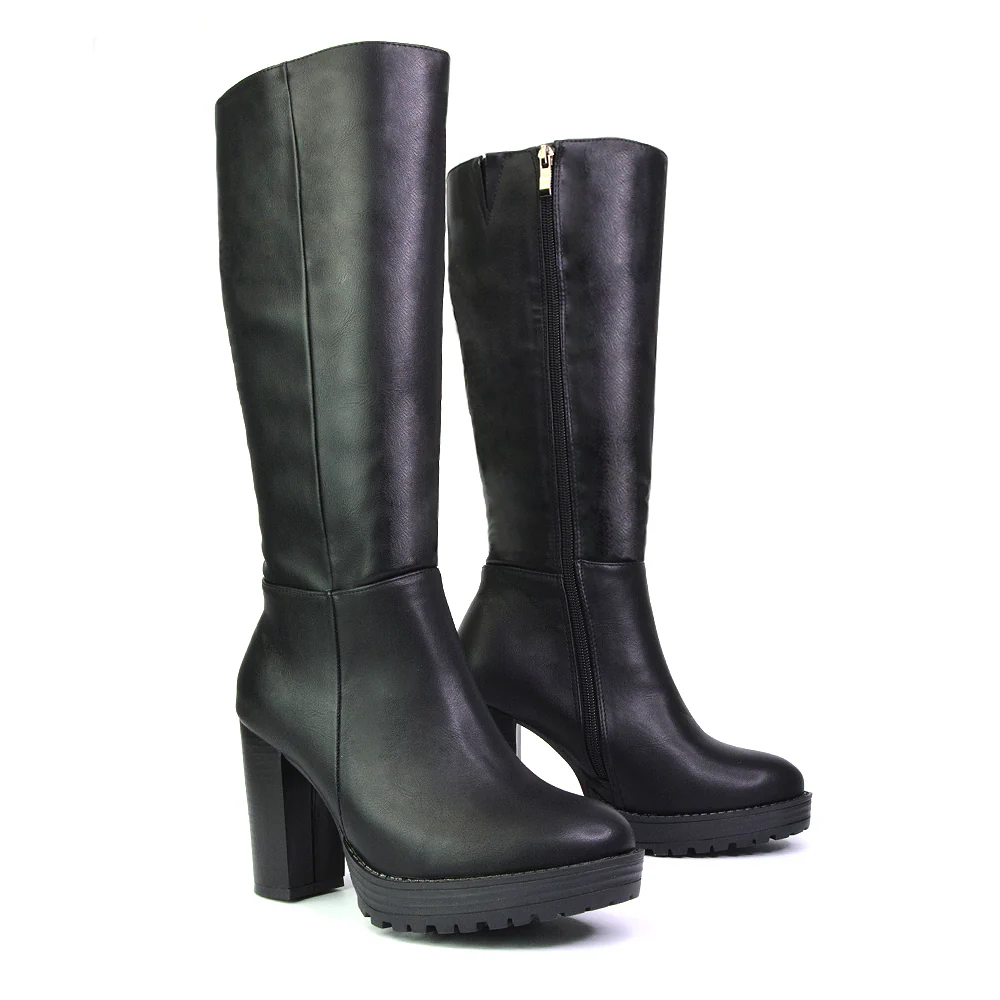 Addie Chunky Super High Block Heeled Platform Knee High Boots In Black Synthetic Leather - Image 11