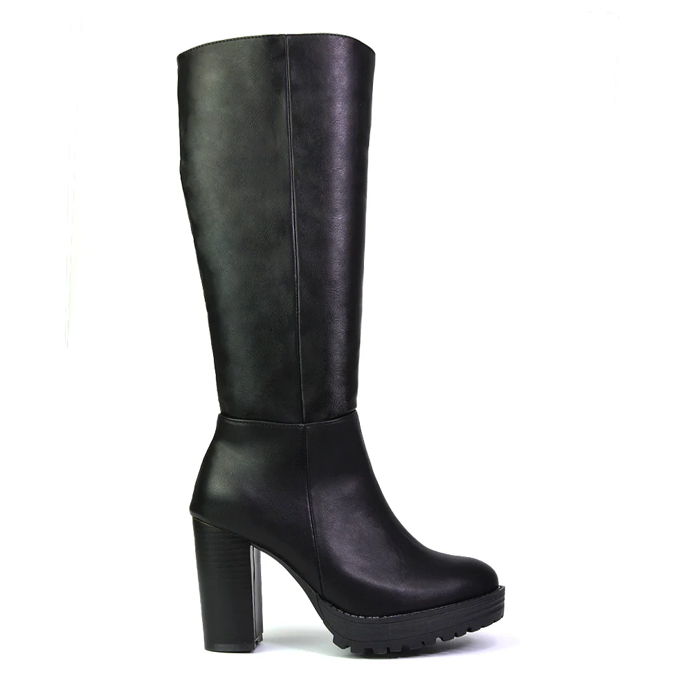 Addie Chunky Super High Block Heeled Platform Knee High Boots In Black Synthetic Leather - Image 3