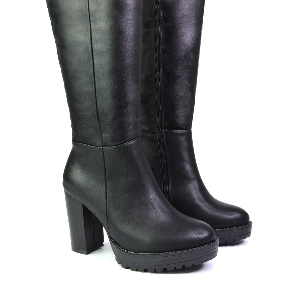 Addie Chunky Super High Block Heeled Platform Knee High Boots In Black Synthetic Leather - Image 7