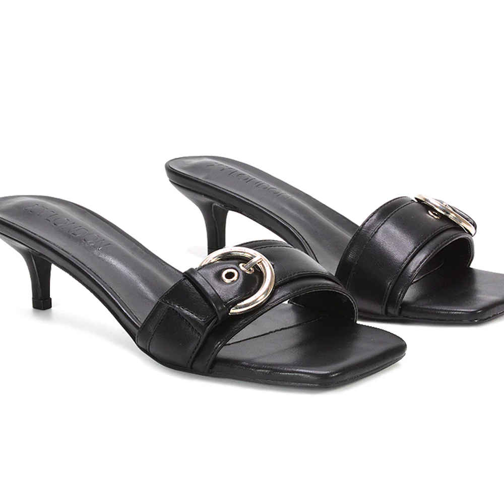 Addison Kitten Heel Mule Slip On Sandals With Buckle Detail in Brown Synthetic Leather - Image 11