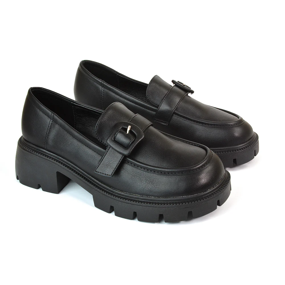 Adelaide School Shoes Buckle Chunky Platform Block Heel Loafers in Black Patent - Image 27