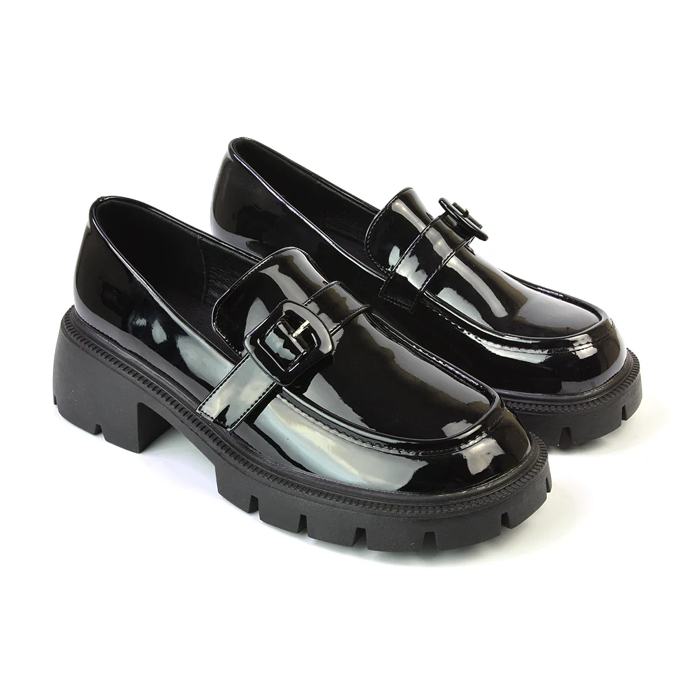 Adelaide School Shoes Buckle Chunky Platform Block Heel Loafers in Black Patent - Image 87