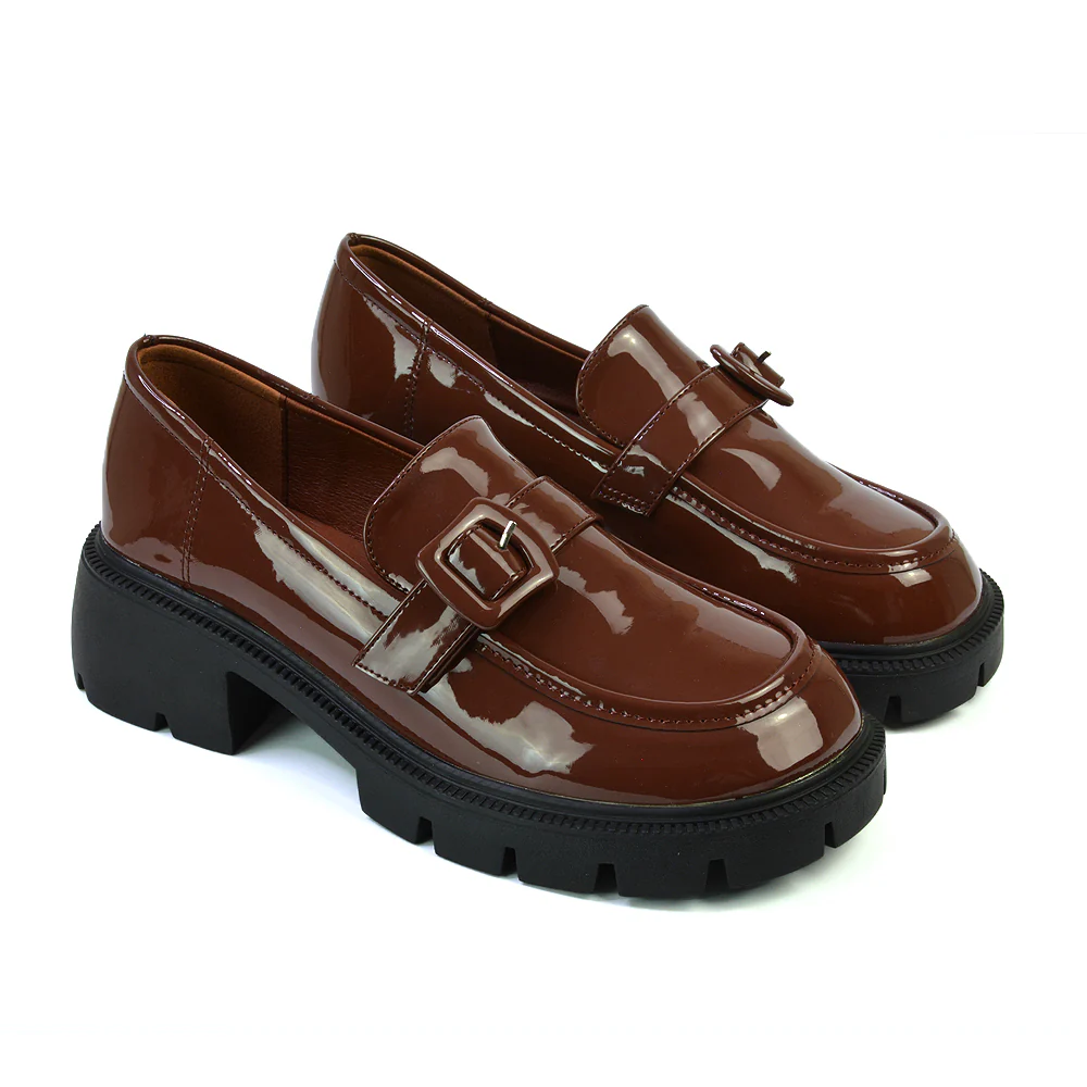 Adelaide School Shoes Buckle Chunky Platform Block Heel Loafers in Black Synthetic Leather - Image 14