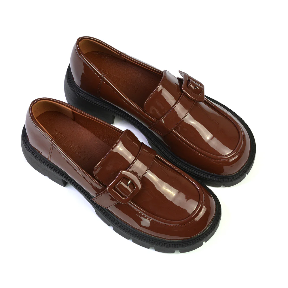 Adelaide School Shoes Buckle Chunky Platform Block Heel Loafers in Black Synthetic Leather - Image 15