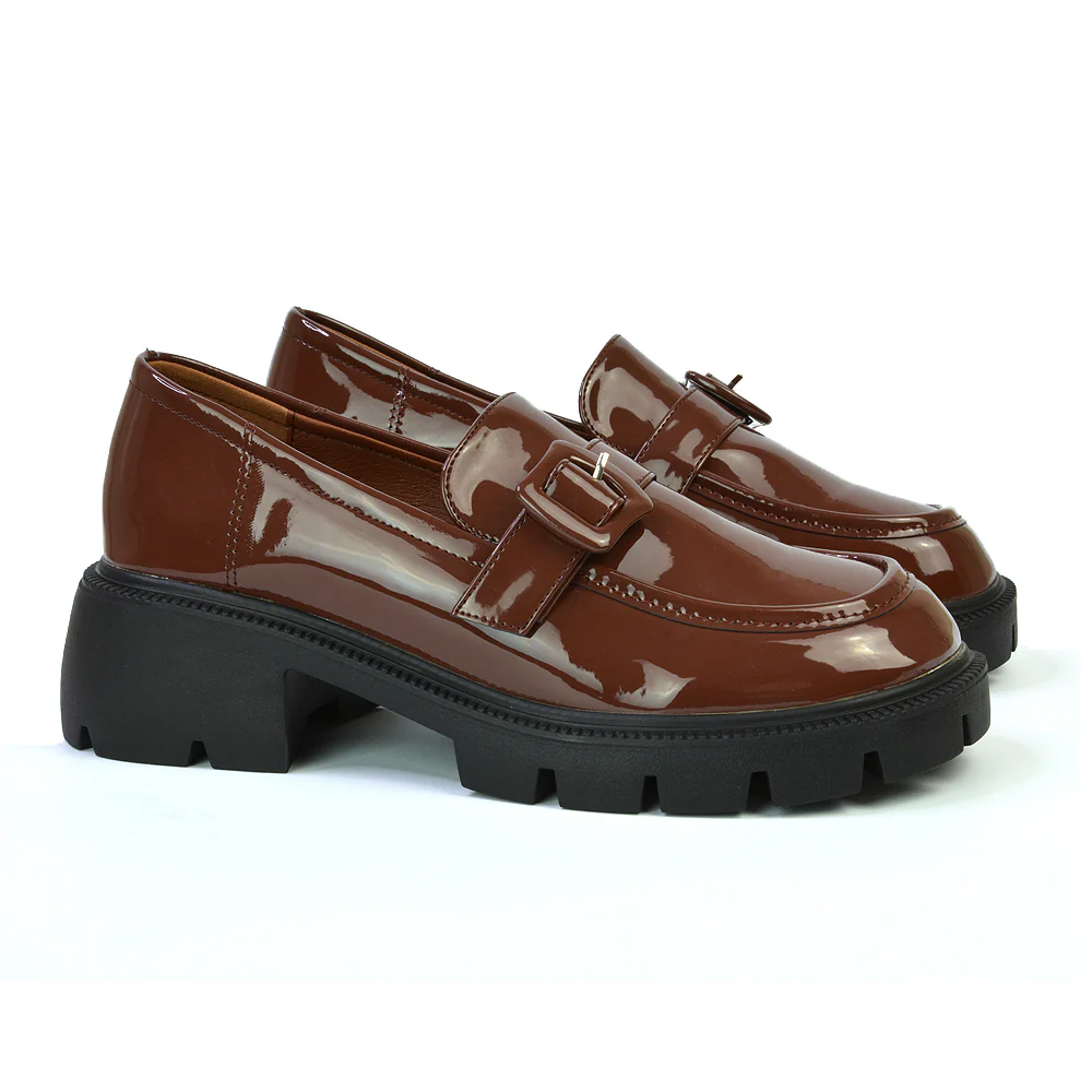 Adelaide School Shoes Buckle Chunky Platform Block Heel Loafers in Black Synthetic Leather - Image 17