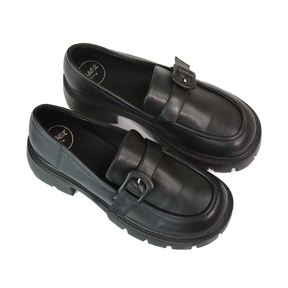 Adelaide School Shoes Buckle Chunky Platform Block Heel Loafers in Black Synthetic Leather - Image 4