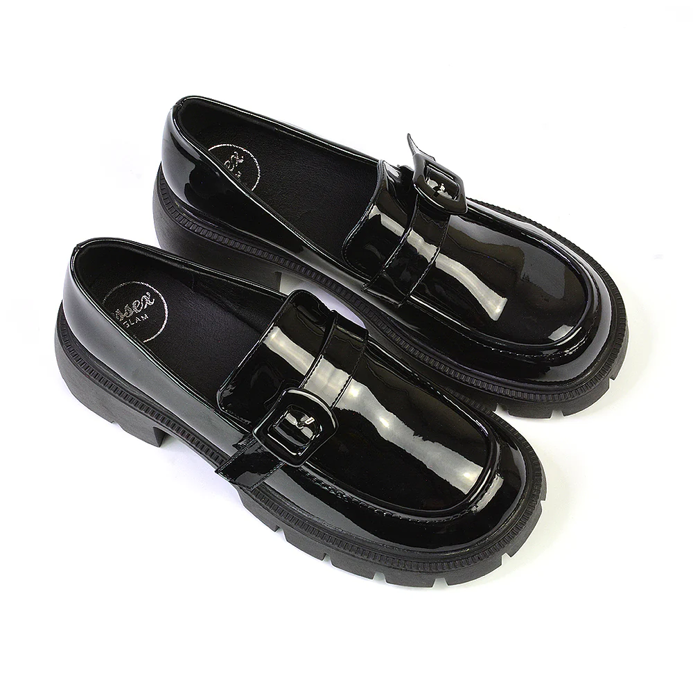 Adelaide School Shoes Buckle Chunky Platform Block Heel Loafers in Black Synthetic Leather - Image 9