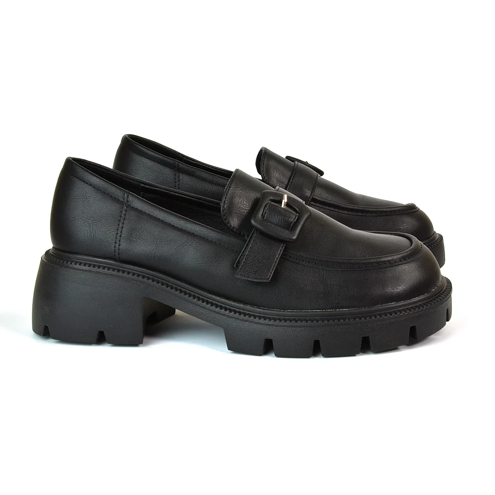 Adelaide School Shoes Buckle Chunky Platform Block Heel Loafers in Brown Patent - Image 32