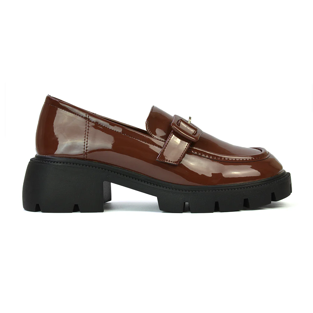 Adelaide School Shoes Buckle Chunky Platform Block Heel Loafers in Brown Patent - Image 65