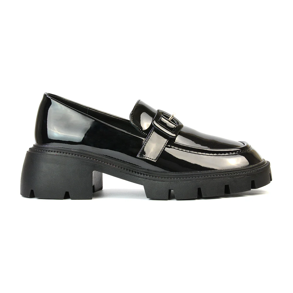 Adelaide School Shoes Buckle Chunky Platform Block Heel Loafers in Brown Patent - Image 75