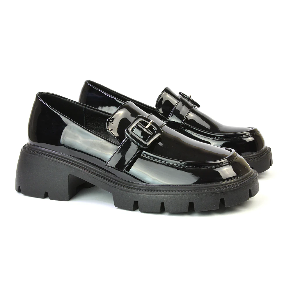Adelaide School Shoes Buckle Chunky Platform Block Heel Loafers in Brown Patent - Image 76