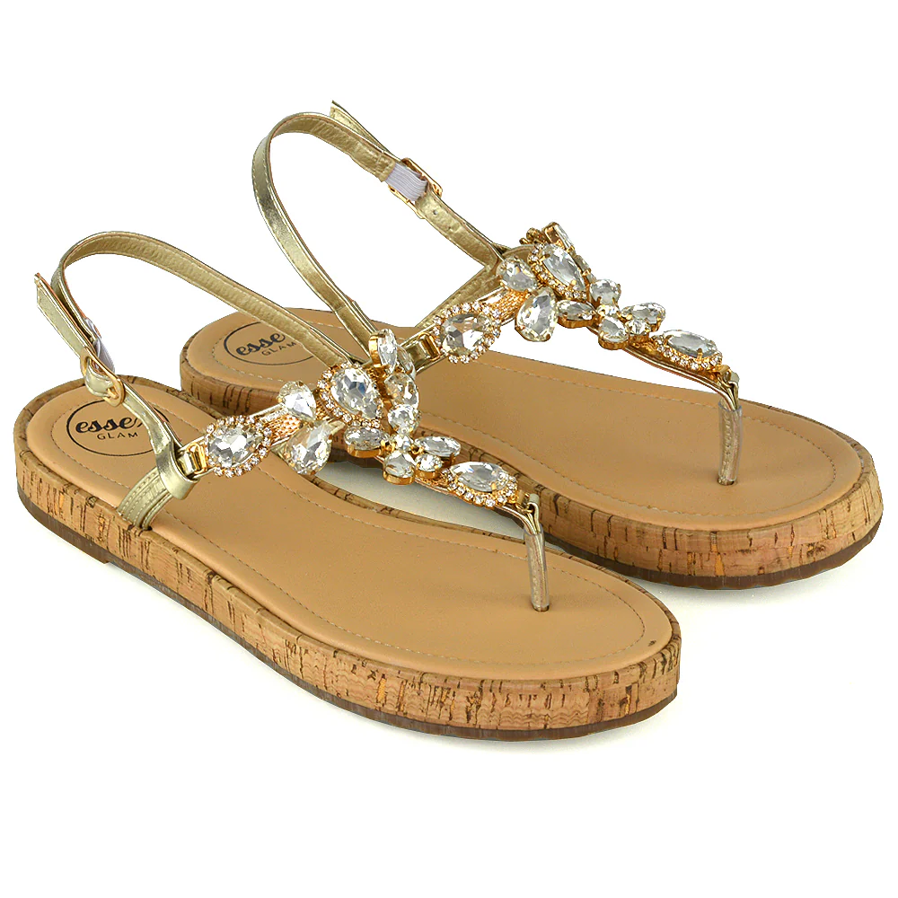 Adley Sling Back Strappy Toe Post Platform Rhinestone Diamante Sandals in Gold - Image 3