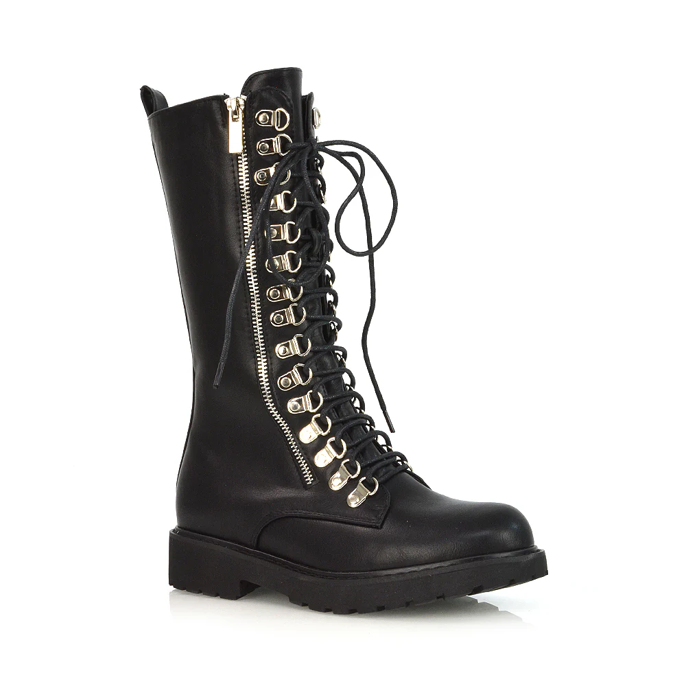 Adriana Lace up Zip up Mid-Calf Combat Biker Boots in Black Synthetic Leather - Image 24