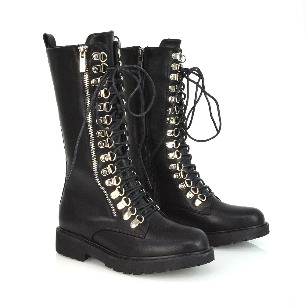 Adriana Lace up Zip up Mid-Calf Combat Biker Boots in Black Synthetic Leather - Image 37