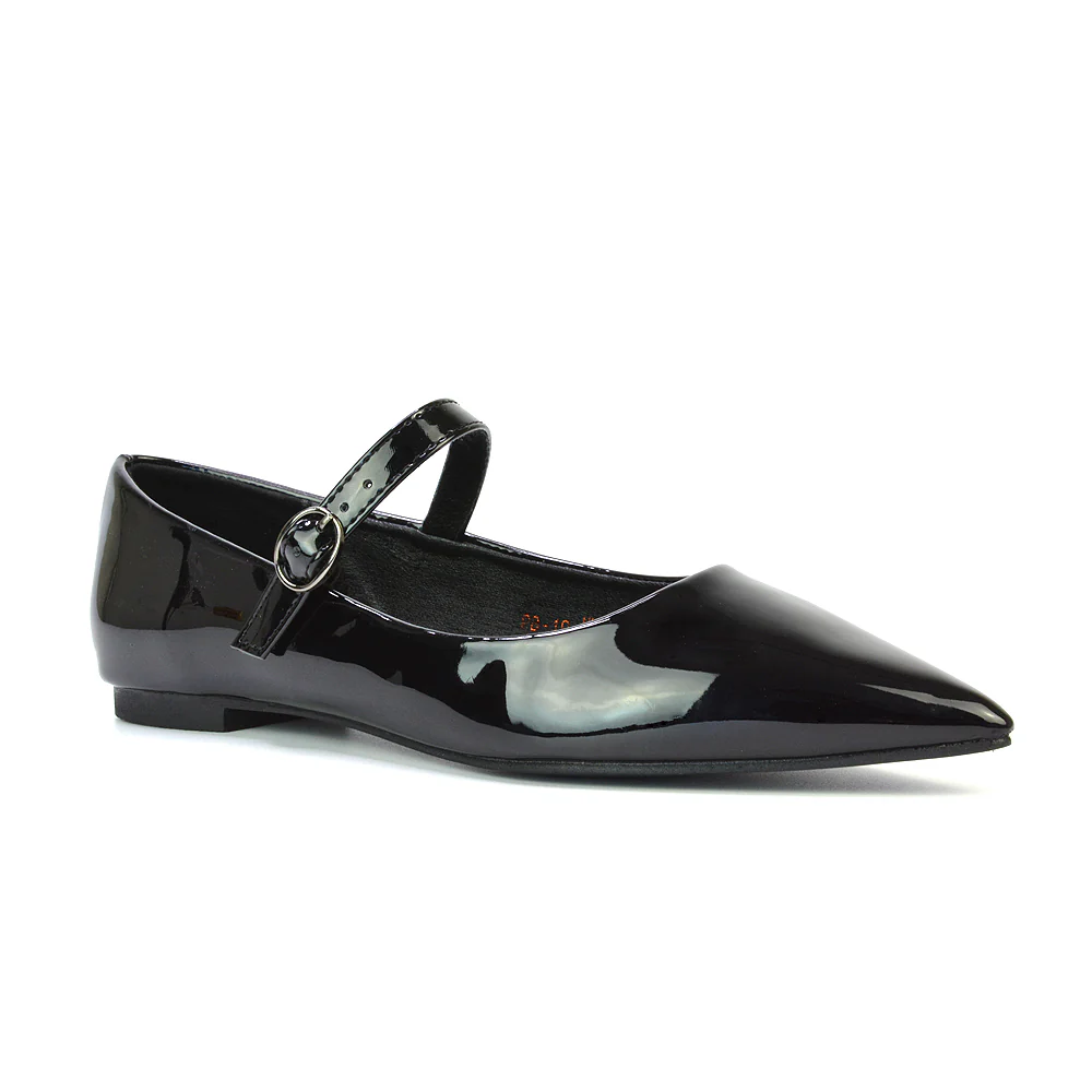 Aimee Pointed Toe Strappy Ballerina Pump Flat Shoes in Black Patent - Image 102