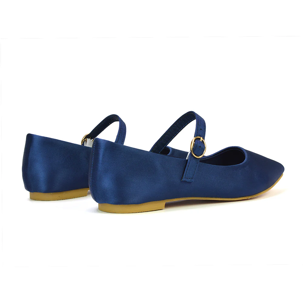 Aimee Pointed Toe Strappy Ballerina Pump Flat Shoes in Navy Satin - Image 40