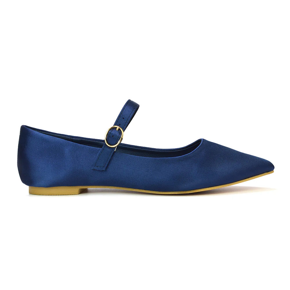 Aimee Pointed Toe Strappy Ballerina Pump Flat Shoes in Navy Satin - Image 53