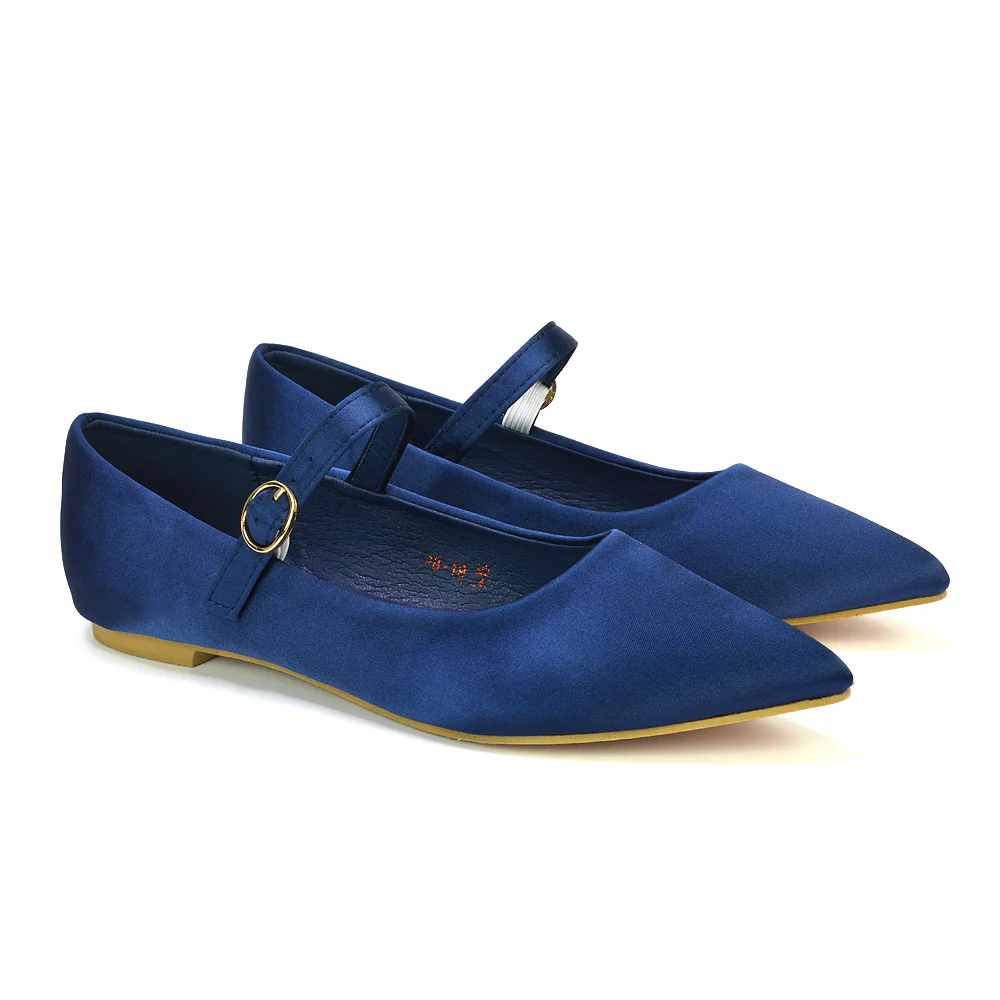 Aimee Pointed Toe Strappy Ballerina Pump Flat Shoes in Navy Satin - Image 64