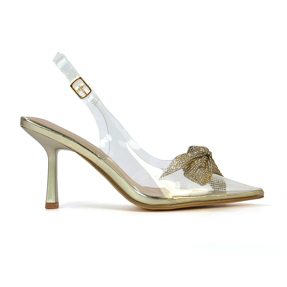 Alaina Diamante Bow Pointed Toe Perspex Court Shoes Slingback Stiletto Heels in Gold - Image 10