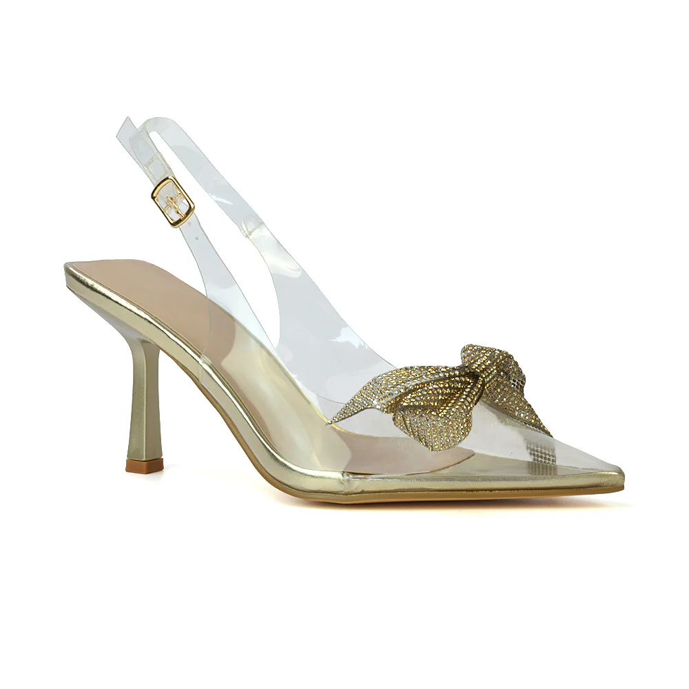 Alaina Diamante Bow Pointed Toe Perspex Court Shoes Slingback Stiletto Heels in Gold - Image 24
