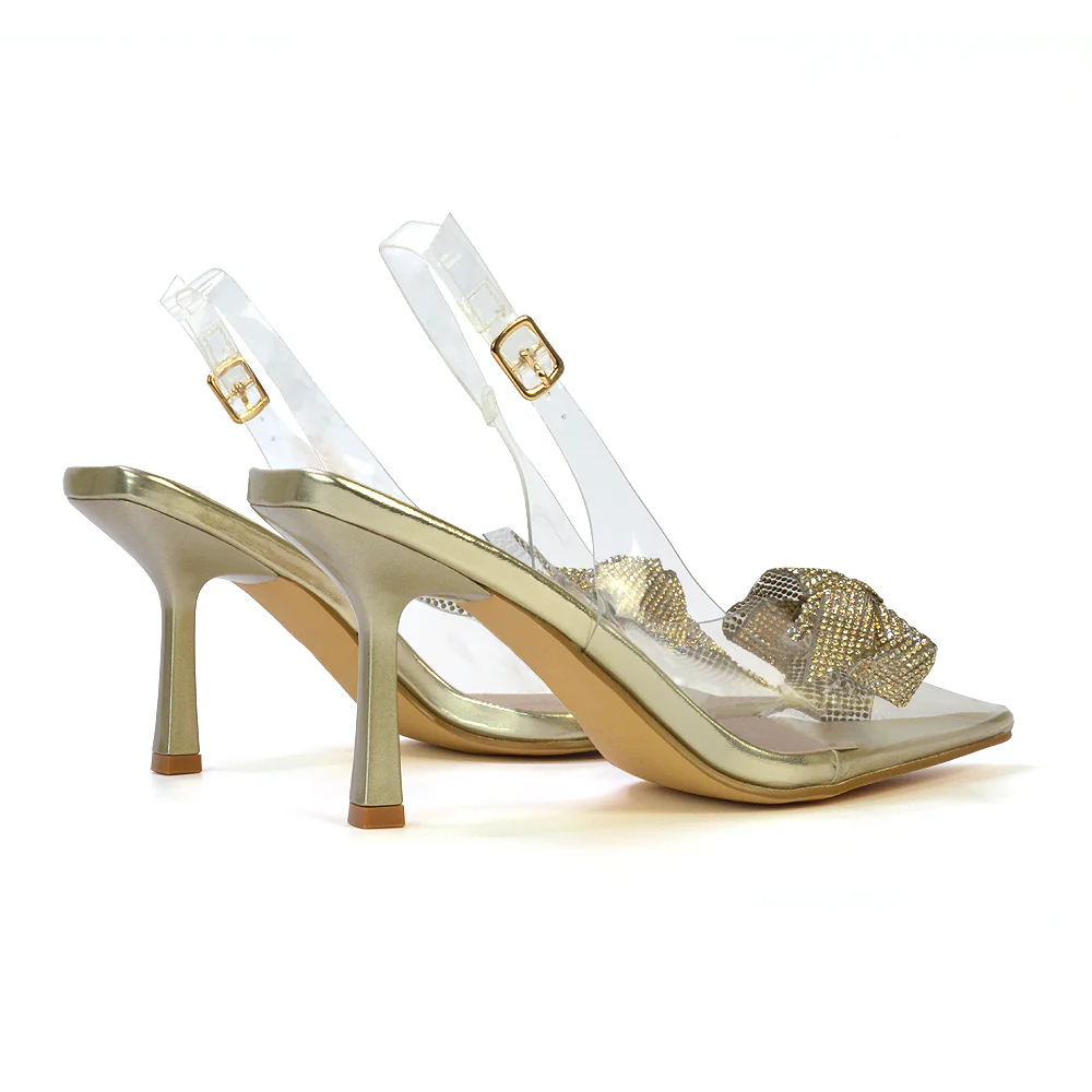 Alaina Diamante Bow Pointed Toe Perspex Court Shoes Slingback Stiletto Heels in Gold - Image 27