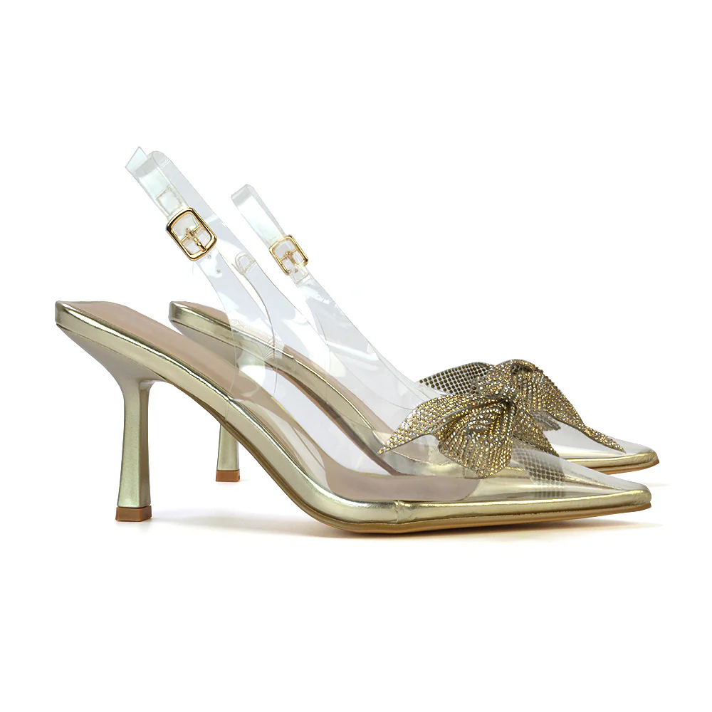 Alaina Diamante Bow Pointed Toe Perspex Court Shoes Slingback Stiletto Heels in Gold - Image 33