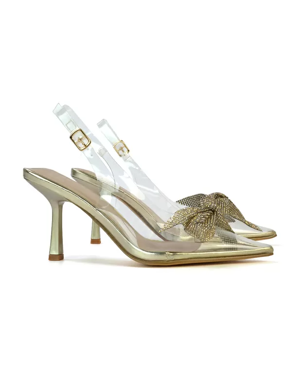 Alaina Diamante Bow Pointed Toe Perspex Court Shoes Slingback Stiletto Heels in Nude - Image 3