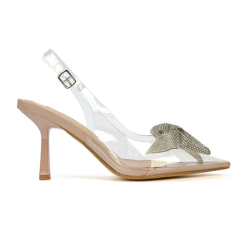 Alaina Diamante Bow Pointed Toe Perspex Court Shoes Slingback Stiletto Heels in Nude - Image 41