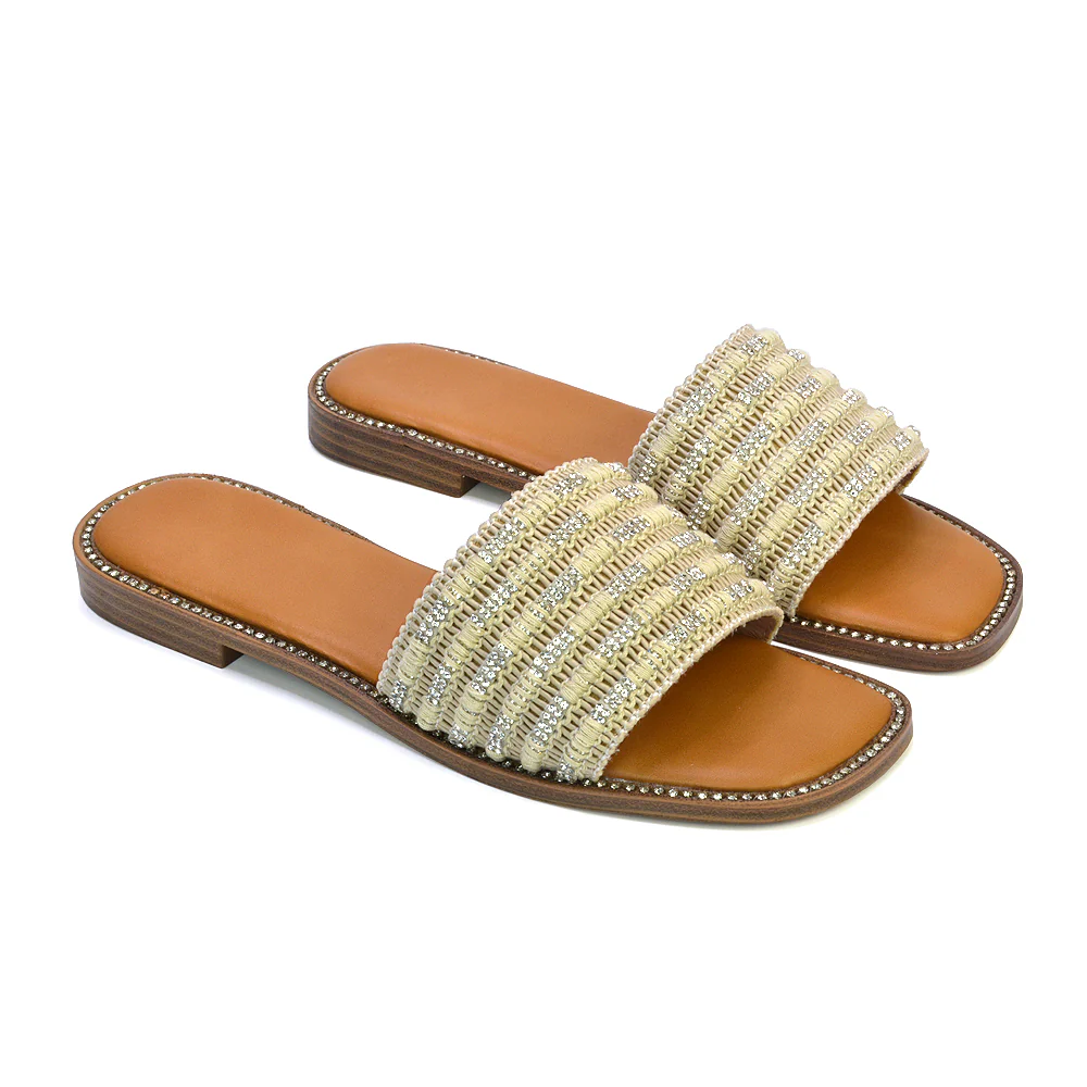Alba Diamante Material Strap Square Toe Flat Sandals in Beige - Image 19