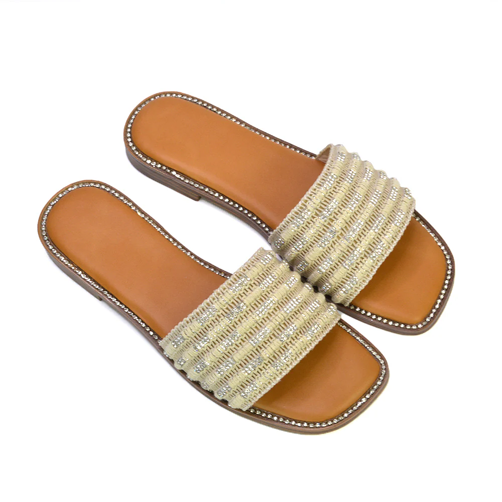 Alba Diamante Material Strap Square Toe Flat Sandals in Black - Image 16