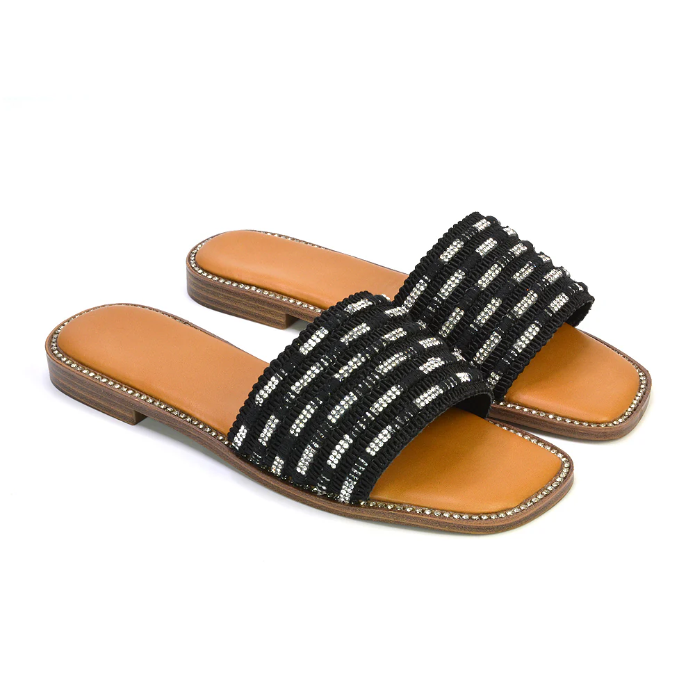 Alba Diamante Material Strap Square Toe Flat Sandals in Black - Image 39
